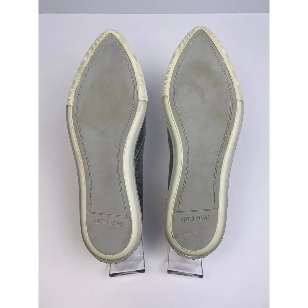 Miu Miu Silver Leather Pointed Toe Slip On Sneakers Loafers Sz 5.5 Prada - Picture 9 of 10